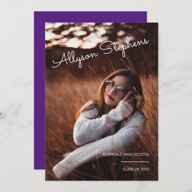 Classy Script White Text Photo Purple Graduation Announcement (Front/Back)