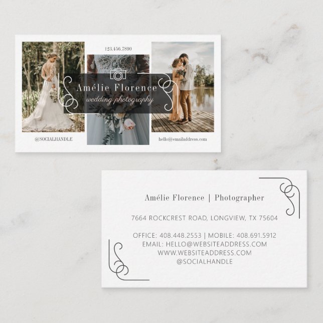 Classy Scroll Black Nameplate Wedding Photographer Business Card (Front/Back)