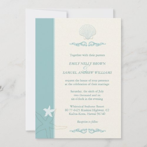 Dark Ice Blue + Beige Sea Critters Beach Wedding Personalized Invites