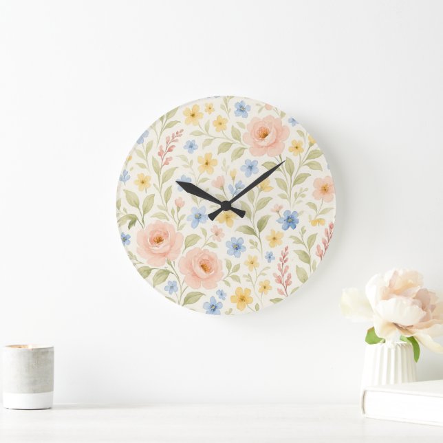 Classy Shabby Chic French Floral Art Pattern Large Clock (Home)