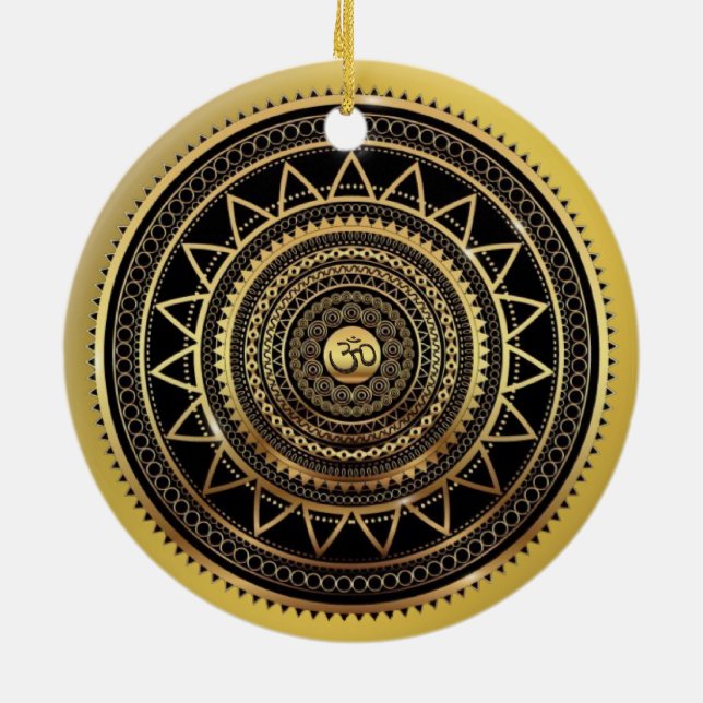 Classy Shiny Black & Gold OM Symbol Mandala Ceramic Ornament (Back)