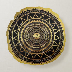 Classy Shiny Black & Gold OM Symbol Mandala Round Pillow
