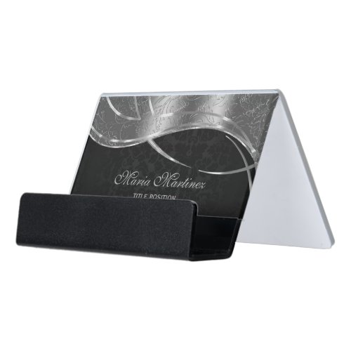 Classy Silver And Black Damask Desk Business Card Holder