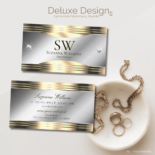 Classy Silver and Gold Shiny Diamonds and Monogram Business Card