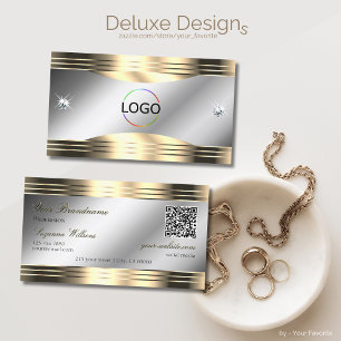 Classy Silver and Gold Shiny Diamonds Logo QR Code Business Card