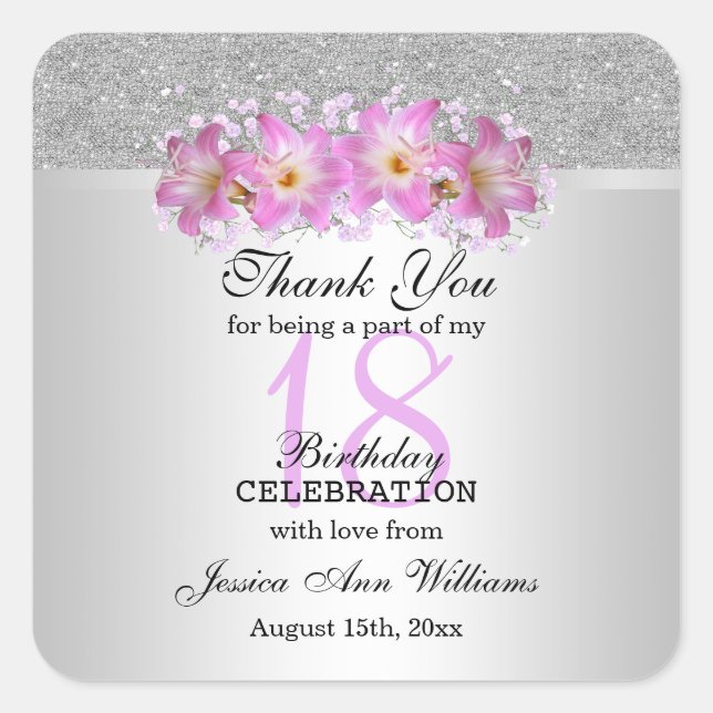 Classy Silver & Belladonna Lilies 18th Birthday Square Sticker (Front)