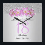 Classy Silver & Belladonna Lilies 18th Birthday   Square Wall Clock<br><div class="desc">Beautiful classy and stylish Birthday wall clock. This example has been designed for 18 years, but is suitable for any age. A glamorous design with a silver glitter and gradient background with a pretty silver ribbon to separate the two images, over the ribbon is a printed image of a beautiful...</div>