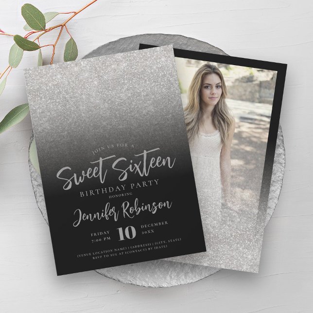 Classy Silver Black Glitter Photo Sweet 16   Invitation (Classy Silver Black Glitter Photo Sweet 16 Invitation)