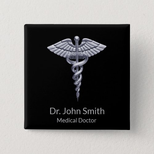 Classy Silver Caduceus Medical on Black Button