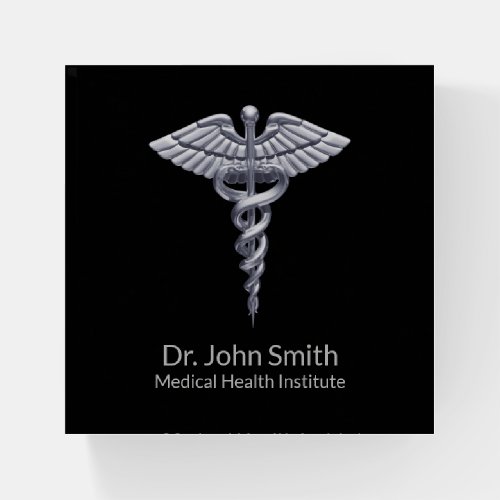 Classy Silver Caduceus Medical on Black Paperweight