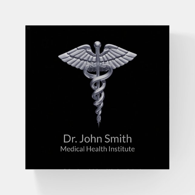 Classy Silver Caduceus Medical on Black Paperweight (Front)