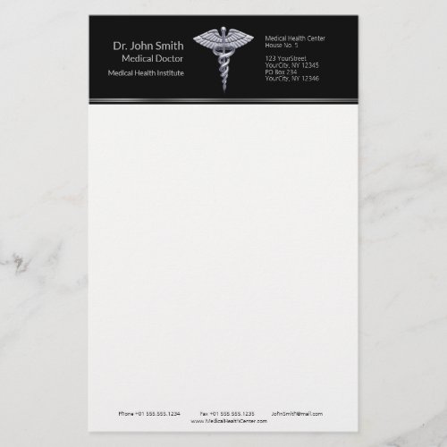 Classy Silver Caduceus on Black Medical Stationery