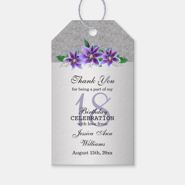 Classy Silver & Clematis Flowers 18th Birthday   Gift Tags (Front)