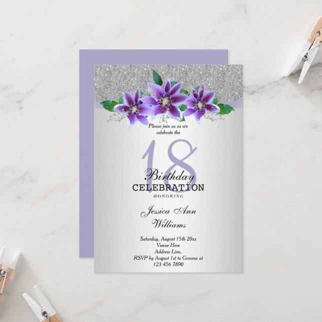 Classy Silver & Clematis Flowers 18th Birthday  Invitation (Front/Back In Situ)