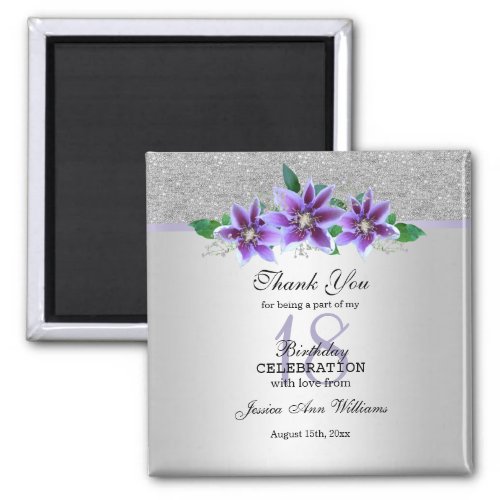 Classy Silver  Clematis Flowers 18th Birthday   Magnet