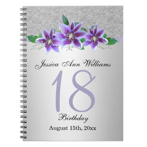 Classy Silver  Clematis Flowers 18th Birthday    Notebook