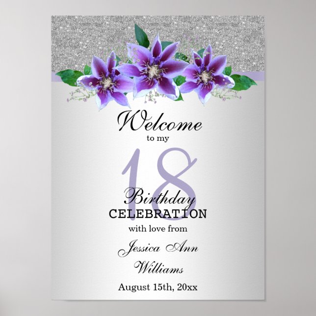 Classy Silver & Clematis Flowers 18th Birthday    Poster (Front)