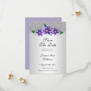 Classy Silver & Clematis Flowers 18th Birthday Save The Date