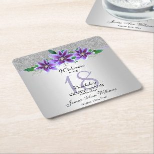 Classy Silver & Clematis Flowers 18th Birthday    Square Paper Coaster