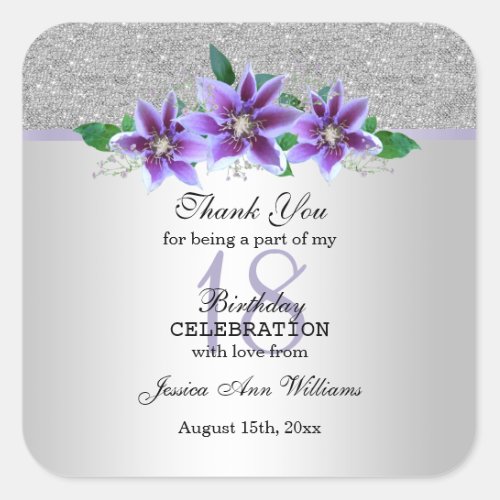 Classy Silver  Clematis Flowers 18th Birthday     Square Sticker