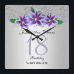 Classy Silver & Clematis Flowers  18th Birthday    Square Wall Clock<br><div class="desc">Beautiful classy and stylish Birthday wall clock. This example has been designed for 18 years, but is suitable for any age. A glamorous design with a silver glitter and gradient background with a pretty mauve ribbon to separate the two images, over the ribbon is a printed image of a beautiful...</div>