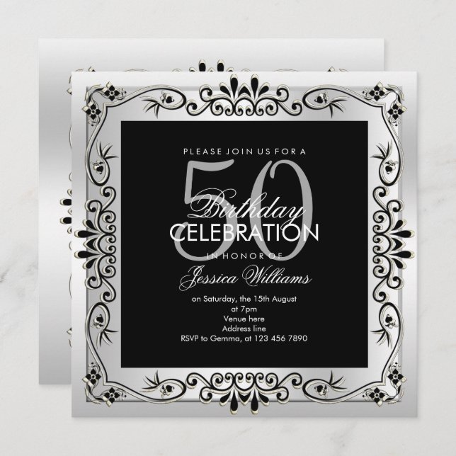 Classy Silver Decorative Framed 50th Birthday Invitation (Front/Back)