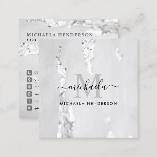 Classy Silver Foil Monogram Initial  Name Square Business Card