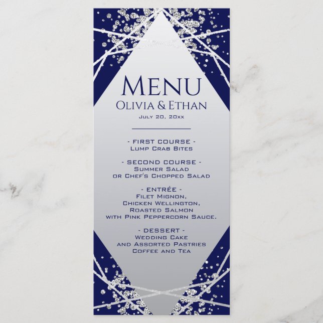 Classy Silver Geometric on Navy Wedding Menu (Front)