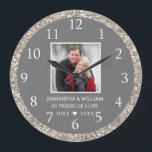 Classy Silver Glitter 25th Anniversary Photo Large Clock<br><div class="desc">Unique 25th anniversary wall clock to celebrate 25 years of love. Personalize the unique silver wedding clock with the couple photo,  name and years.</div>