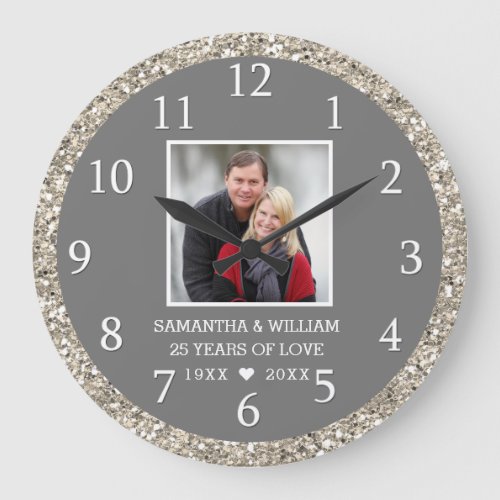 Classy Silver Glitter 25th Anniversary Photo Large Clock