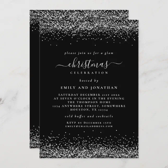 Classy Silver Glitter Black Christmas Party Invitation | Zazzle