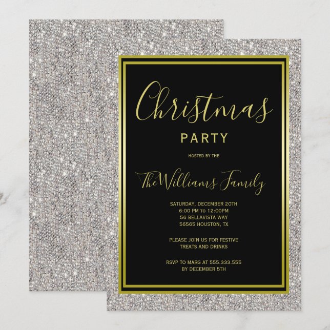 Classy Silver Glitter, Gold Framed Christmas Party Invitation (Front/Back)