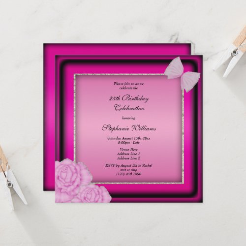 Classy Silver Glitter Pink Floral  Bow Birthday  Invitation