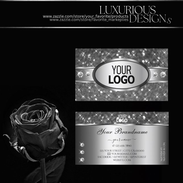 Classy Silver Glitter Sparkle Diamonds and Logo Business Card (Creator Uploaded)