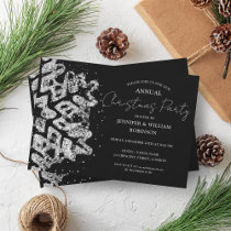 Classy Silver Glitter Xmas Snowflake Holiday Black Invitation