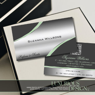 Classy Silver Gray Curved Decor Lines and QR Code Business Card