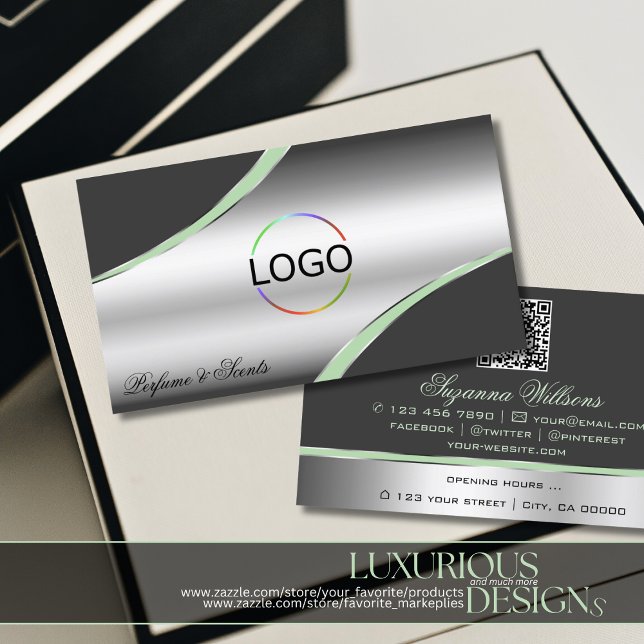 Classy Silver Gray Curved Decor Lines Logo QR Code Business Card (Creator Uploaded)
