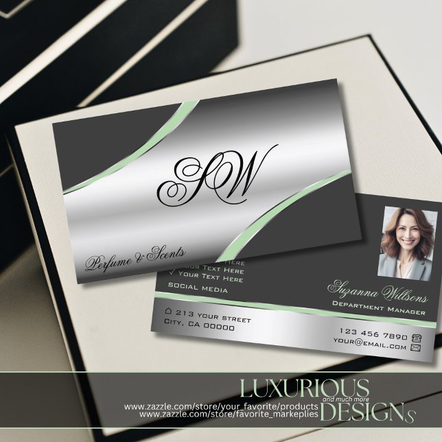 Classy Silver Gray Curved Lines Monogram and Photo Business Card (Creator Uploaded)