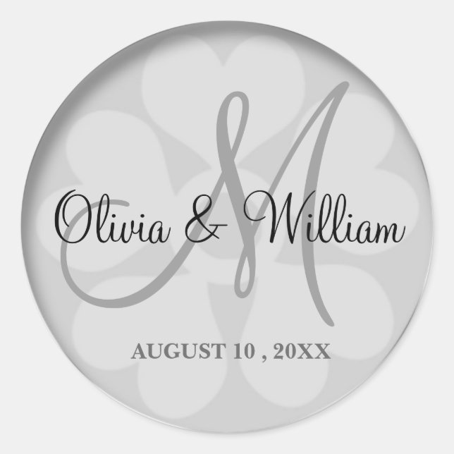 Classy Silver Gray Wedding Monogram Bride & Groom Classic Round Sticker (Front)