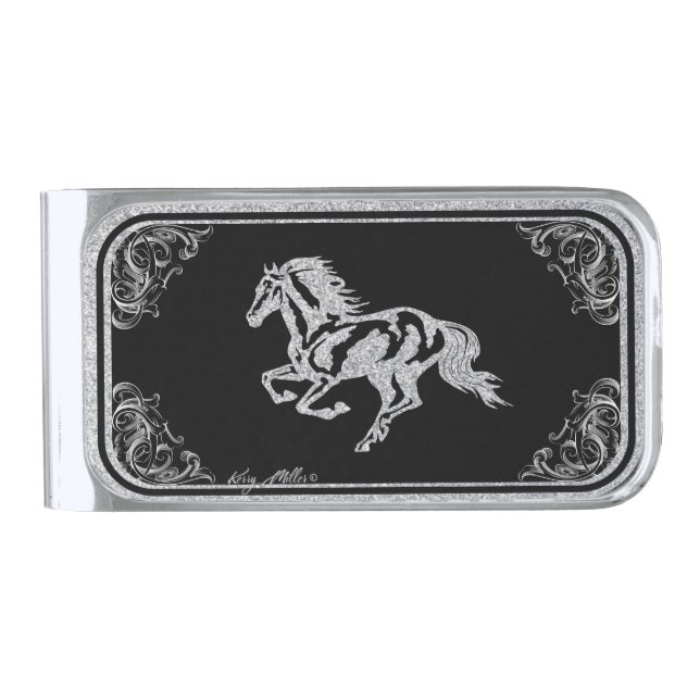 CLASSY SILVER HORSE SILHOUETTE SILVER FINISH MONEY CLIP (Front)
