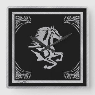 CLASSY SILVER HORSE SILHOUETTE SQUARE WALL CLOCK