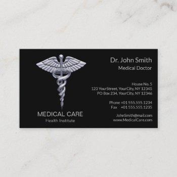 Classy Silver Medical Caduceus On Black Business Card by SorayaShanCollection at Zazzle