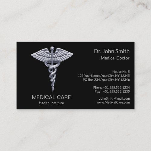 Classy Silver Medical Caduceus on Black Business Card