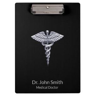 Classy Silver Medical Caduceus on Black Clipboard