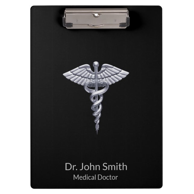 Classy Silver Medical Caduceus on Black Clipboard (Front)