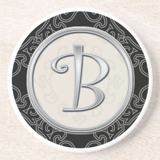 Classy Silver Monogram Initial Drink Coaster (Front)