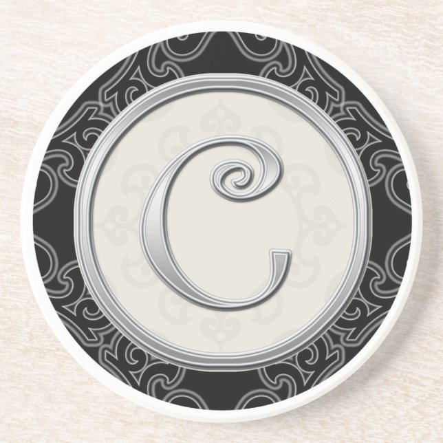 Classy Silver Monogram Initial Drink Coaster (Front)