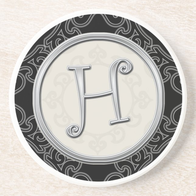 Classy Silver Monogram Initial Sandstone Coaster (Front)