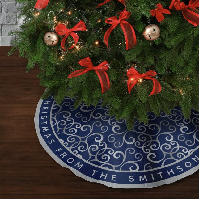 CLASSY SILVER & NAVY BLUE CHRISTMAS DAMASK CUSTOM BRUSHED POLYESTER TREE SKIRT (Creator Uploaded)