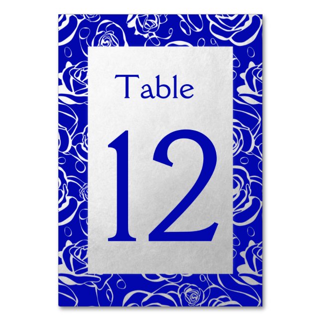 Classy Silver Roses on Royal Blue Table Number (Front)